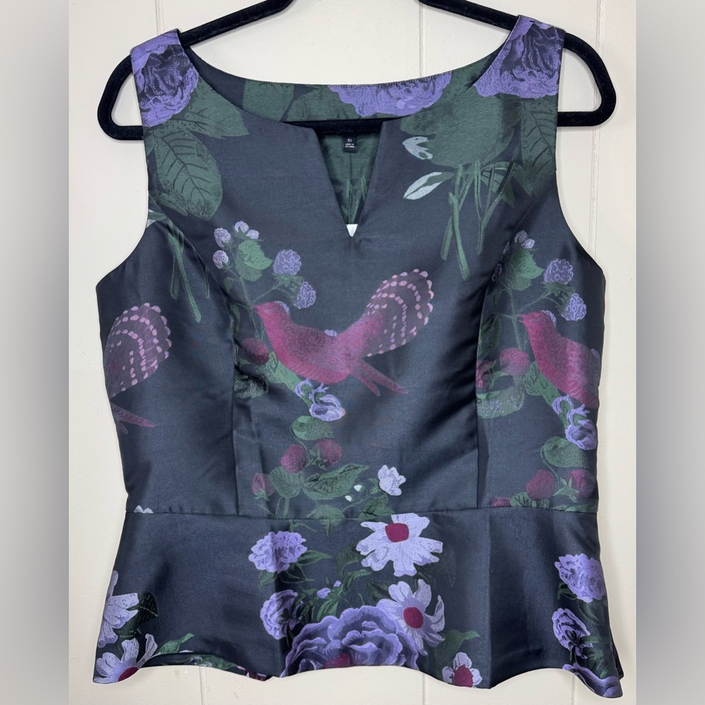 Talbots Black Blouse with Purple and Pink Floral Design